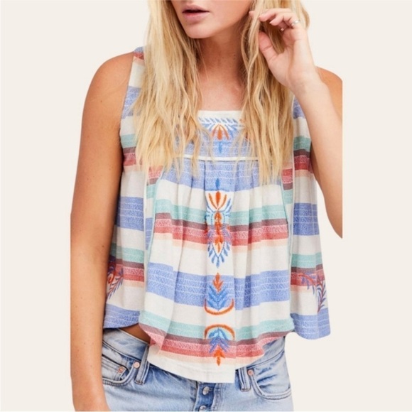 Free People Vintage Embroidered Striped Blue Peach Cotton Tank Top - Picture 2 of 14